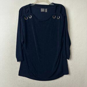 CHICO'S TRAVELERS Size 12 navy blue silver‎ shoulder rivets tunic shirt 3/4 slvs